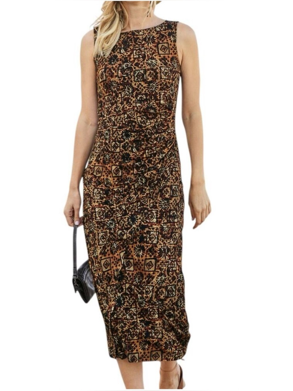 NWT Peruvian Connection Aztec Ruched Sleeveless Sheath Midi Dress Faux Wrap S